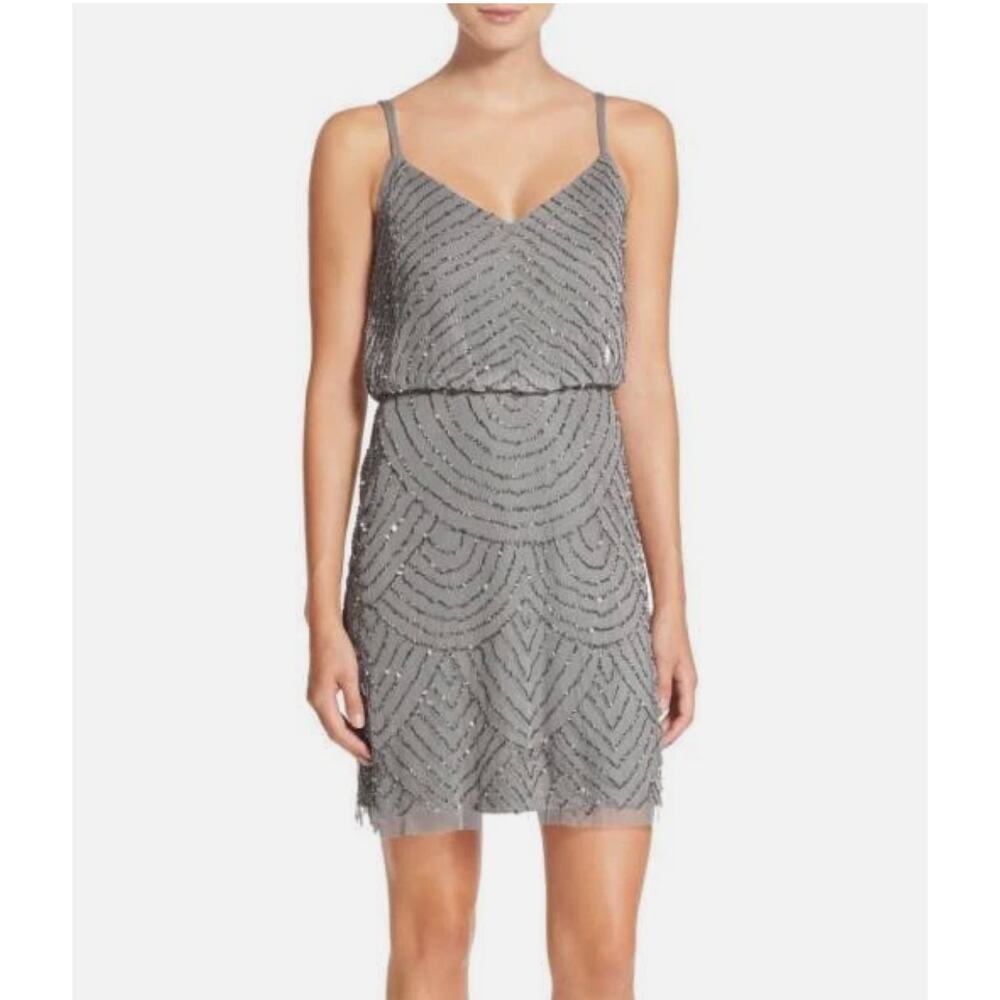 Adrianna Papell Gray Beaded Sequin Mesh Slip Dress Art Deco Mini Gatsby